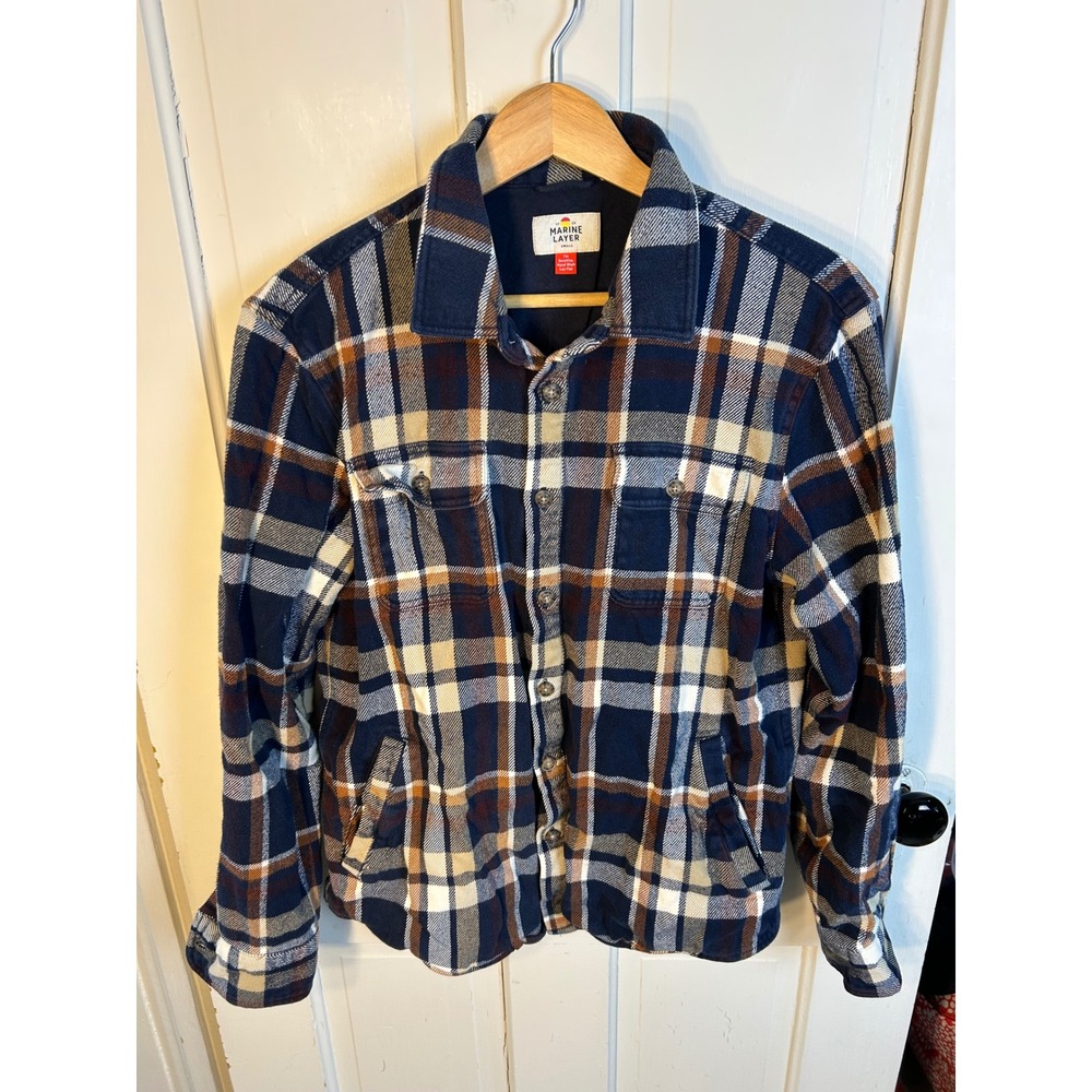 Marine Layer Mens Plaid Flannel Shirt Jacket Navy Blue Small Holiday 2023 14829‎